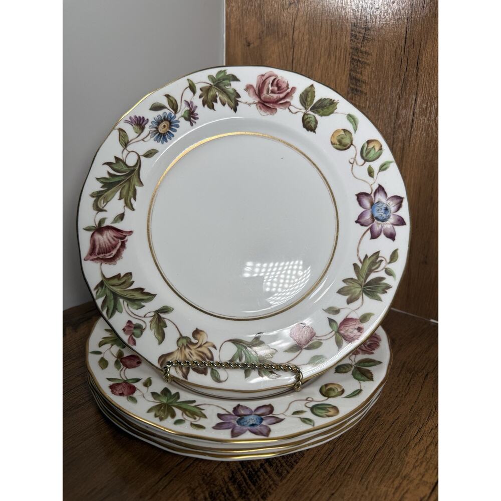 Set of 4 Royal Worcester Virginia 8" Salad Plates Roses, Floral Gold Trim